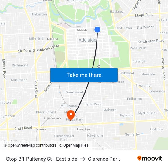 Stop B1 Pulteney St - East side to Clarence Park map