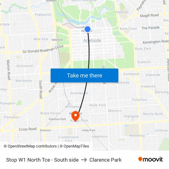 Stop W1 North Tce - South side to Clarence Park map