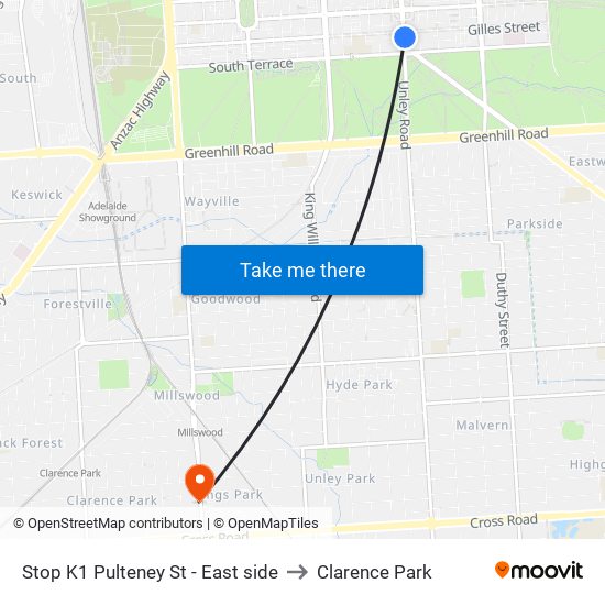 Stop K1 Pulteney St - East side to Clarence Park map