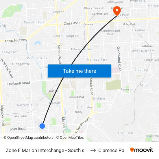 Zone F Marion Interchange - South side to Clarence Park map