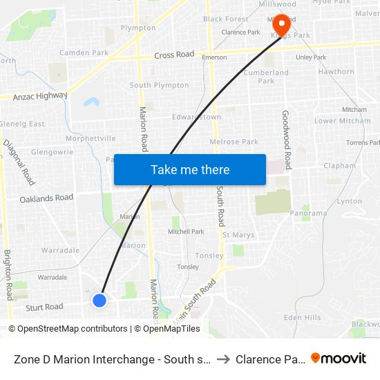 Zone D Marion Interchange - South side to Clarence Park map