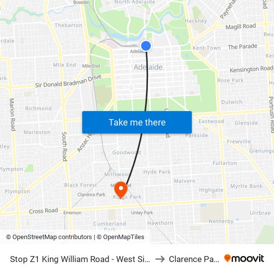 Stop Z1 King William Road - West Side to Clarence Park map