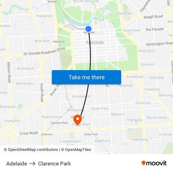 Adelaide to Clarence Park map