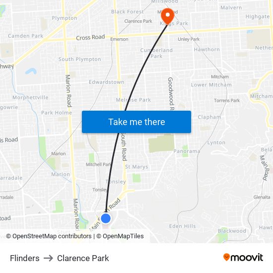 Flinders to Clarence Park map