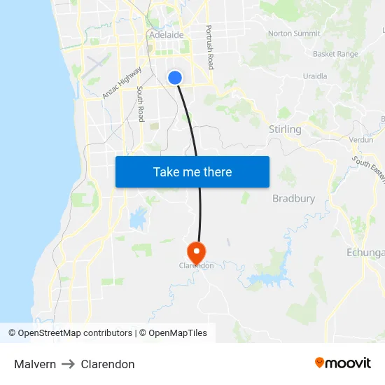 Malvern to Clarendon map