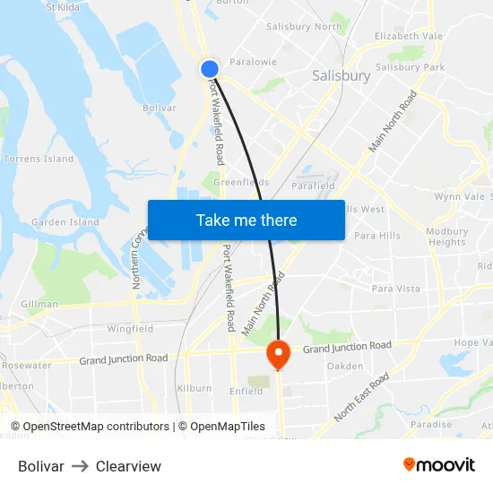 Bolivar to Clearview map