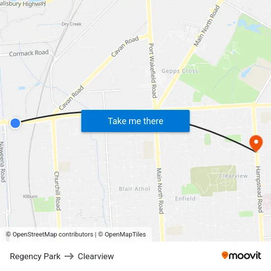 Regency Park to Clearview map
