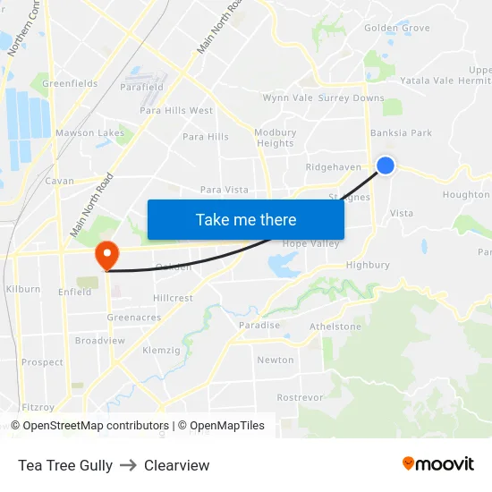 Tea Tree Gully to Clearview map