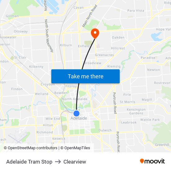 Adelaide Tram Stop to Clearview map