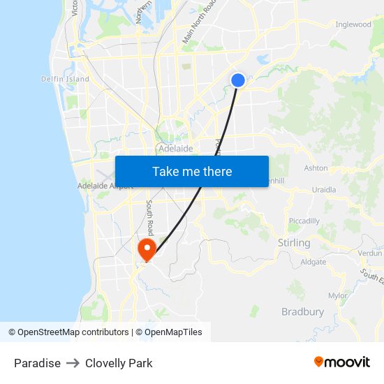 Paradise to Clovelly Park map