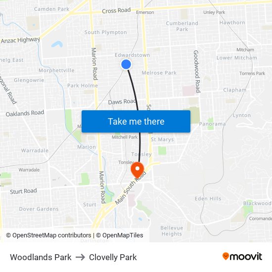 Woodlands Park to Clovelly Park map