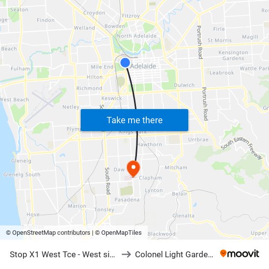 Stop X1 West Tce - West side to Colonel Light Gardens map