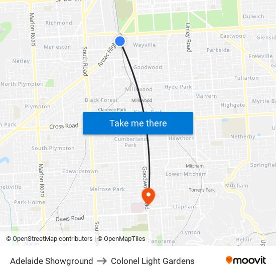 Adelaide Showground to Colonel Light Gardens map