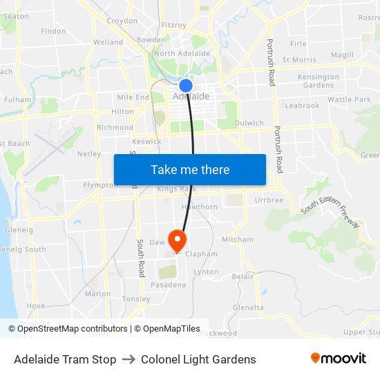 Adelaide Tram Stop to Colonel Light Gardens map