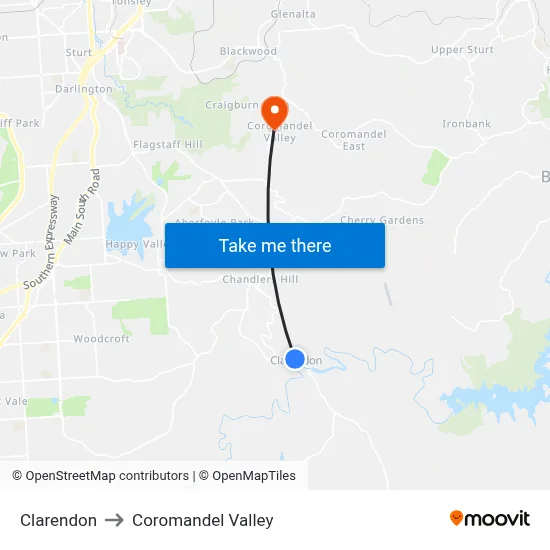 Clarendon to Coromandel Valley map