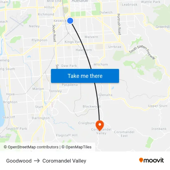Goodwood to Coromandel Valley map