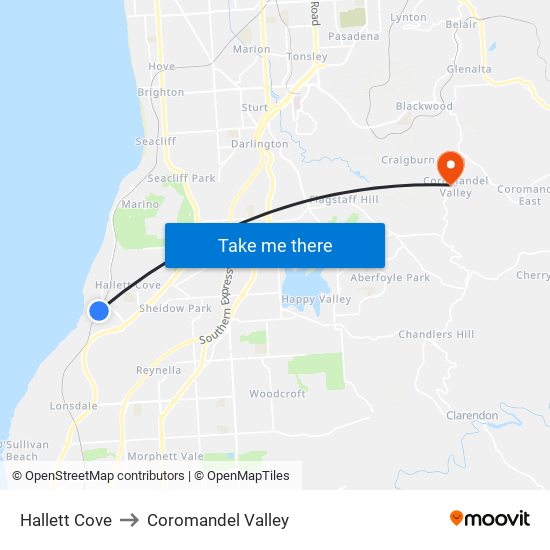 Hallett Cove to Coromandel Valley map