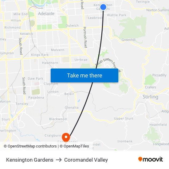 Kensington Gardens to Coromandel Valley map