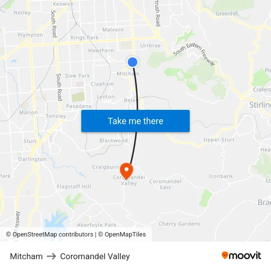 Mitcham to Coromandel Valley map