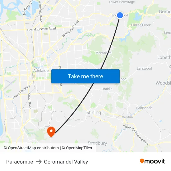 Paracombe to Coromandel Valley map