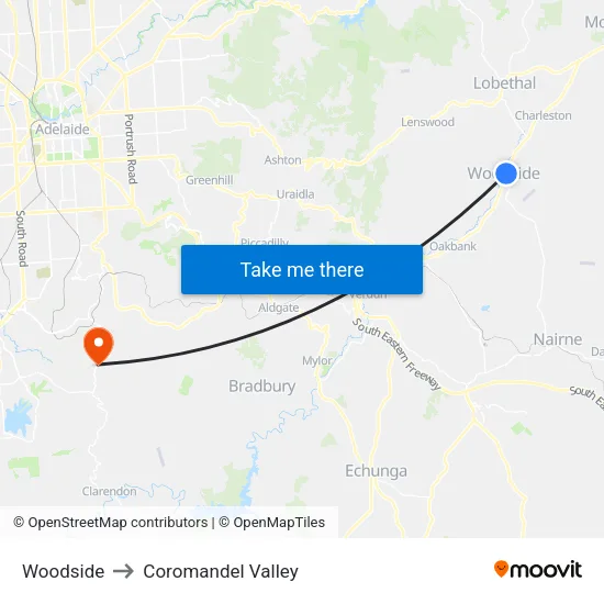 Woodside to Coromandel Valley map