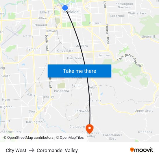 City West to Coromandel Valley map