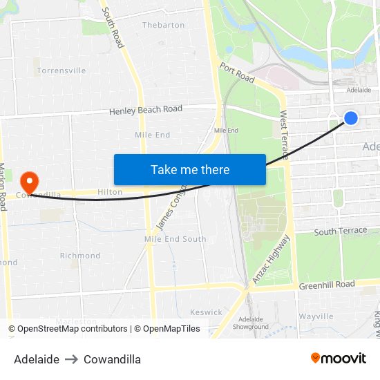 Adelaide to Cowandilla map