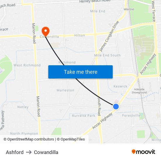 Ashford to Cowandilla map