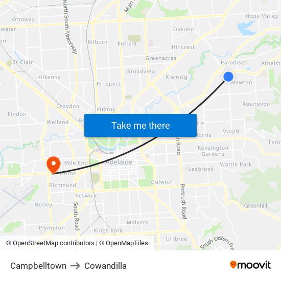 Campbelltown to Cowandilla map