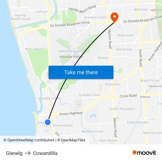 Glenelg to Cowandilla map