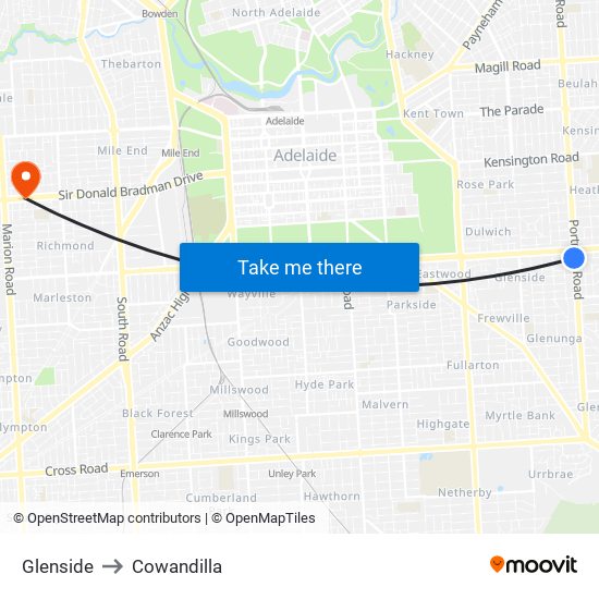 Glenside to Cowandilla map