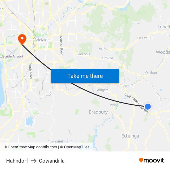 Hahndorf to Cowandilla map