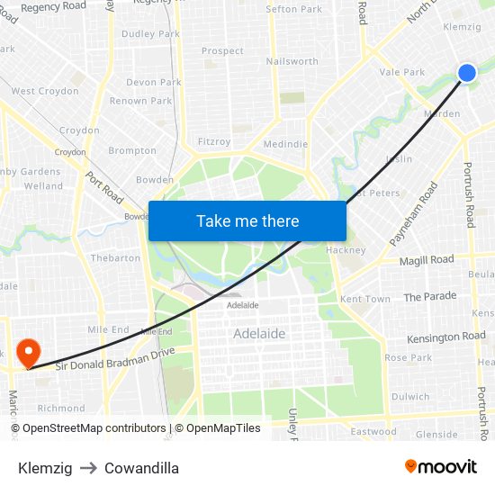 Klemzig to Cowandilla map