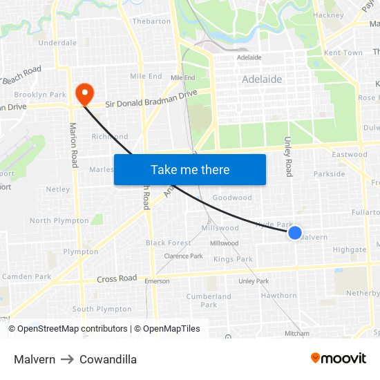 Malvern to Cowandilla map