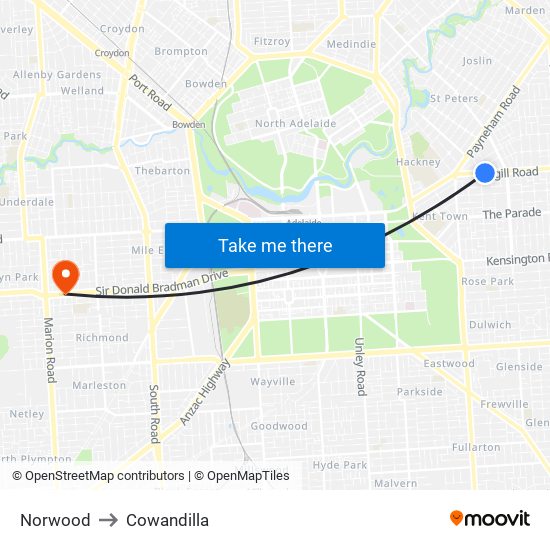 Norwood to Cowandilla map