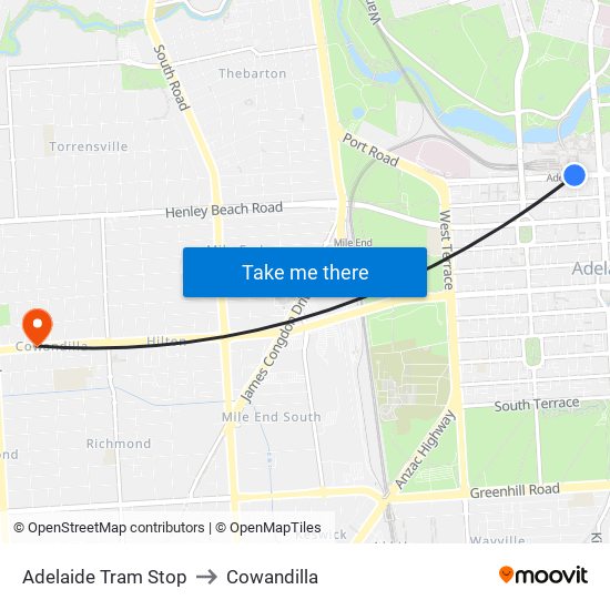 Adelaide Tram Stop to Cowandilla map