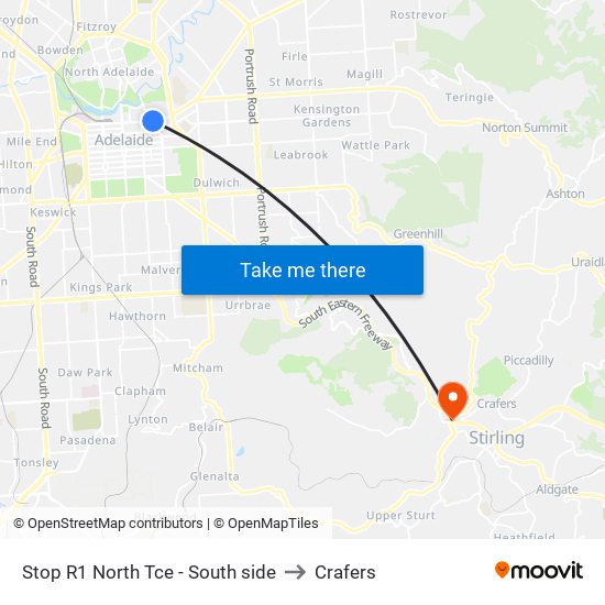 Stop R1 North Tce - South side to Crafers map