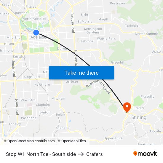 Stop W1 North Tce - South side to Crafers map