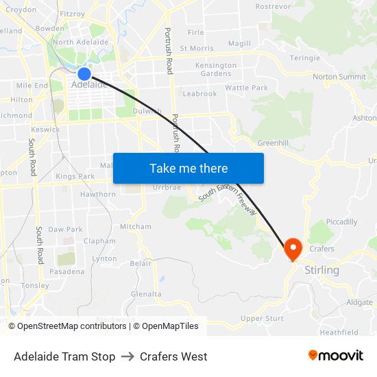 Adelaide Tram Stop to Crafers West map