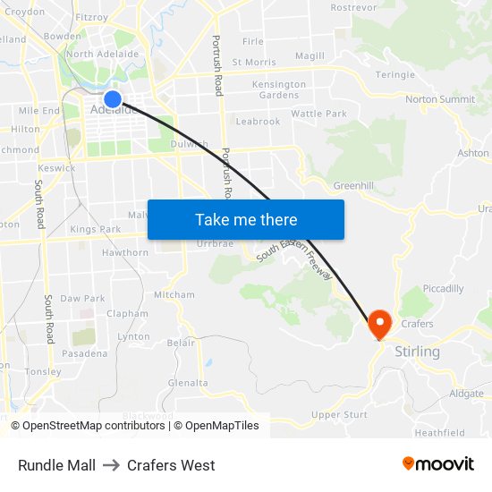 Rundle Mall to Crafers West map