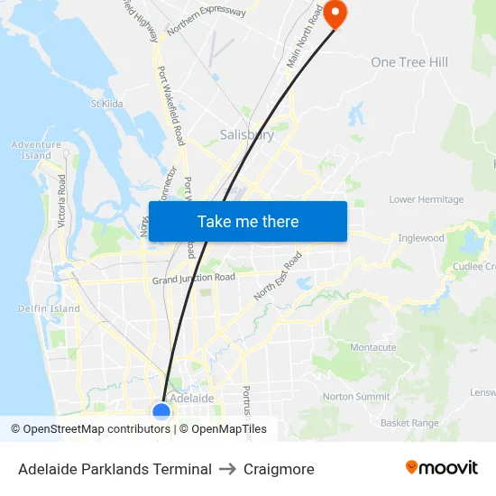 Adelaide Parklands Terminal to Craigmore map