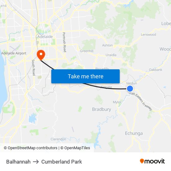 Balhannah to Cumberland Park map