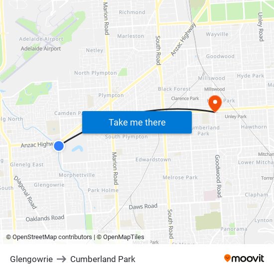 Glengowrie to Cumberland Park map