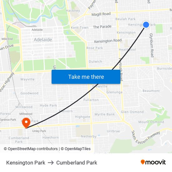 Kensington Park to Cumberland Park map