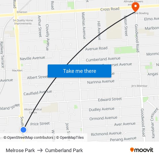 Melrose Park to Cumberland Park map