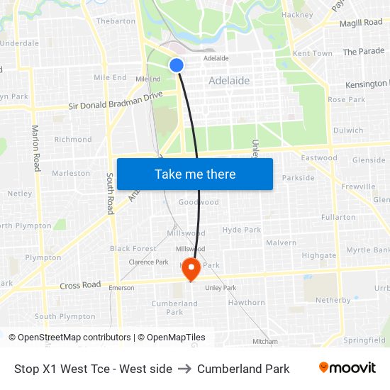 Stop X1 West Tce - West side to Cumberland Park map