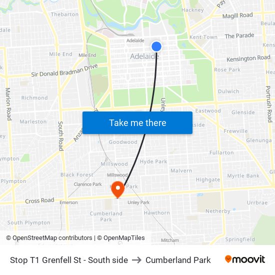 Stop T1 Grenfell St - South side to Cumberland Park map