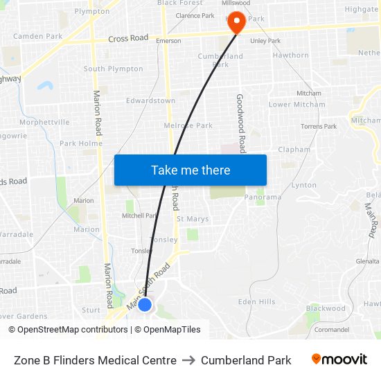 Zone B Flinders Medical Centre to Cumberland Park map