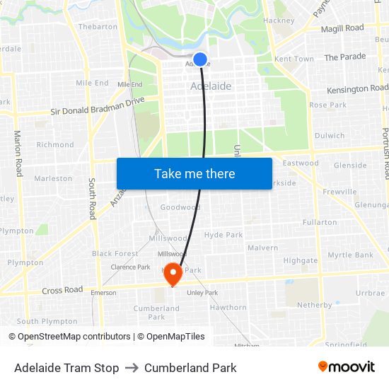 Adelaide Tram Stop to Cumberland Park map