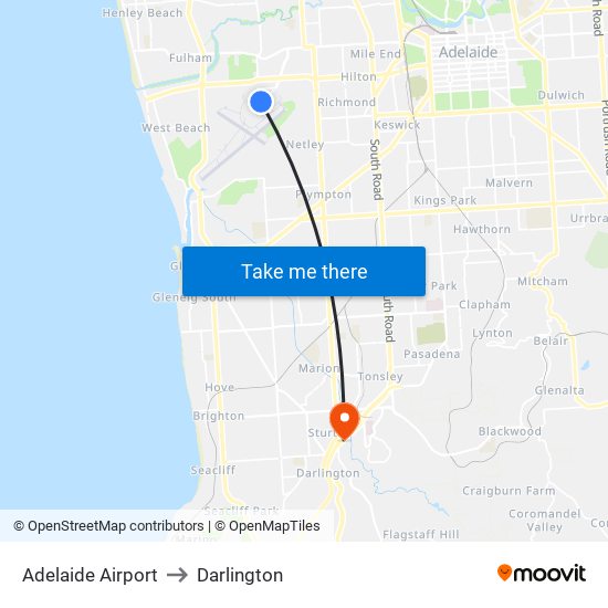 Adelaide Airport to Darlington map